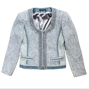 ELIE TAHARI Tweed Denim Embellished Crop Jacket